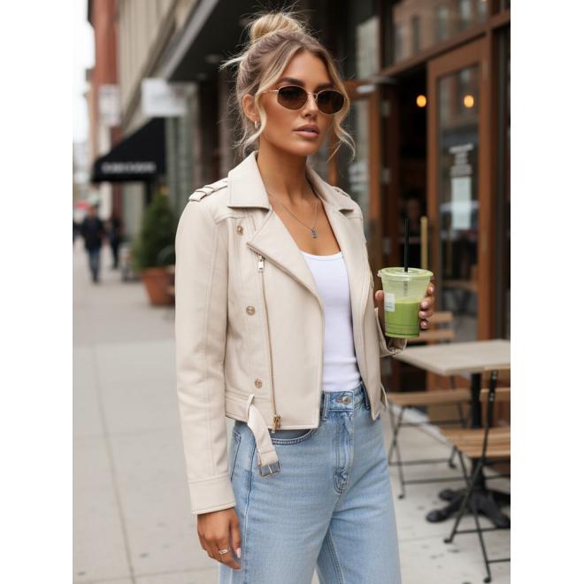 Dámska béžová kožená bunda s opaskom TY5643