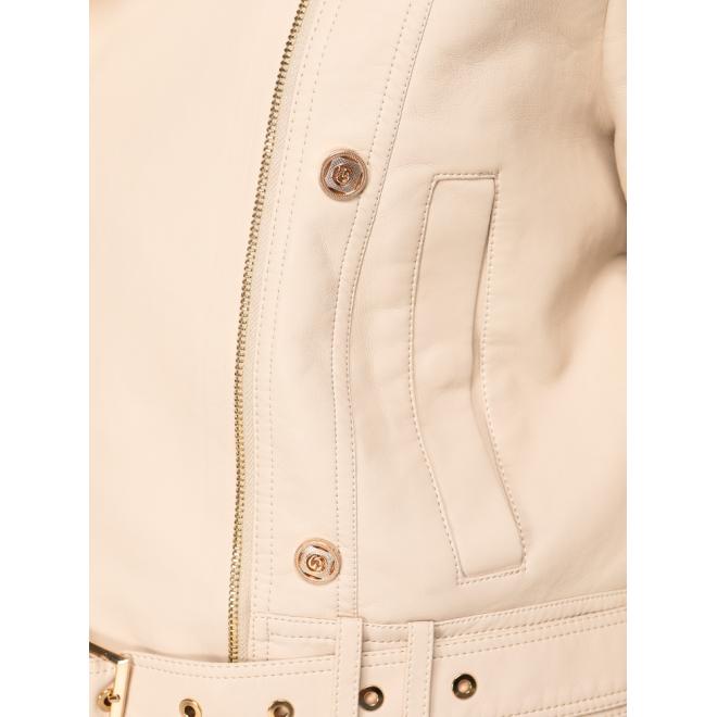 Dámska béžová kožená bunda s opaskom TY5643