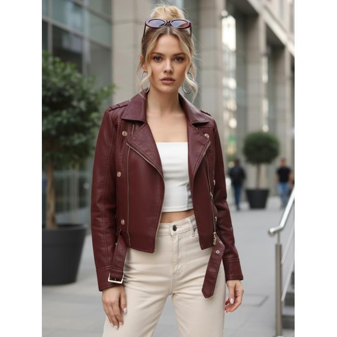 Bordová kožená dámska bunda s opaskom TY5640