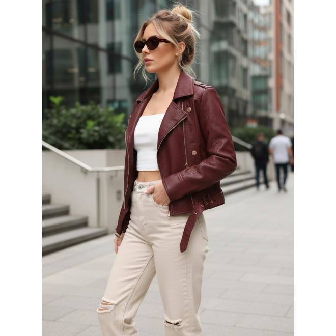 Bordová kožená dámska bunda s opaskom TY5640
