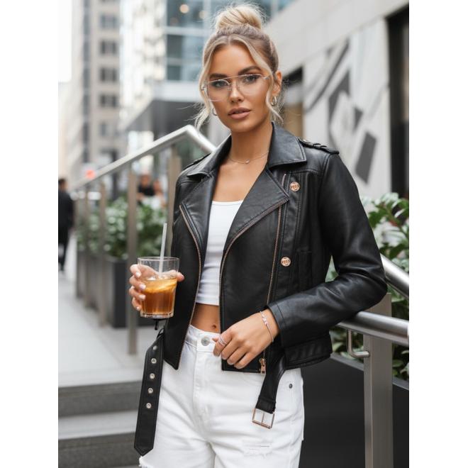 Dámska čierna kožená bunda s opaskom TY5642