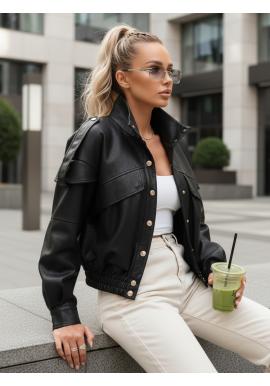 Čierna kožená dámska bunda so stojačikom TY5646
