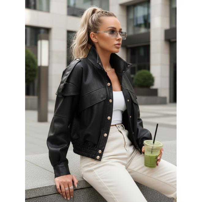 Čierna kožená dámska bunda so stojačikom TY5646