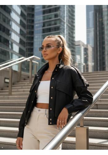 Čierna kožená dámska bunda so stojačikom TY5646