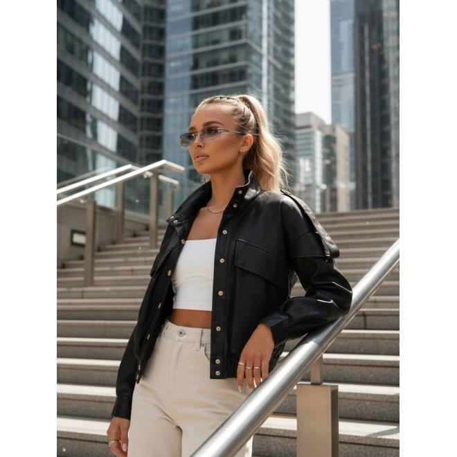 Čierna kožená dámska bunda so stojačikom TY5646