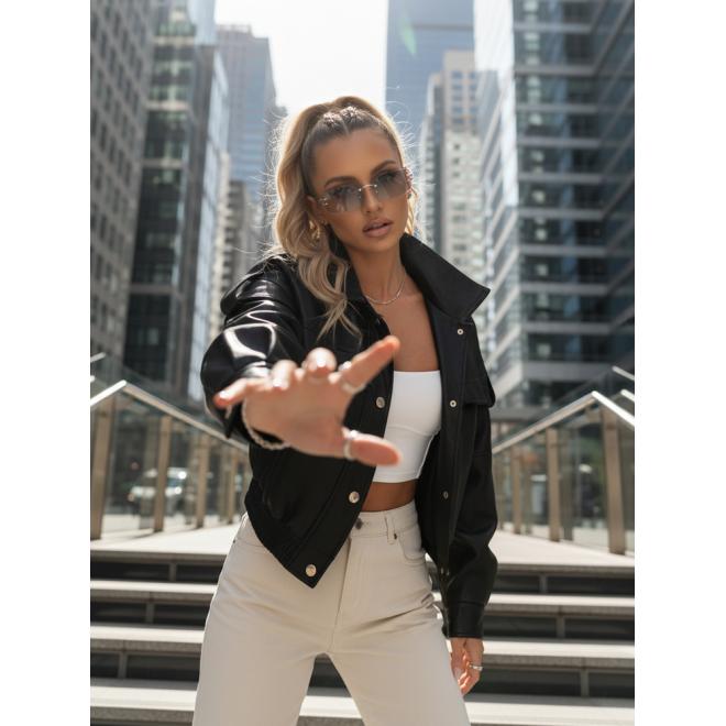 Čierna kožená dámska bunda so stojačikom TY5646