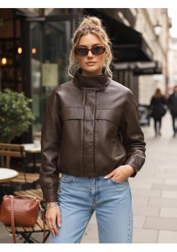 Kožená hnedá bunda s vysokým golierom TY5650