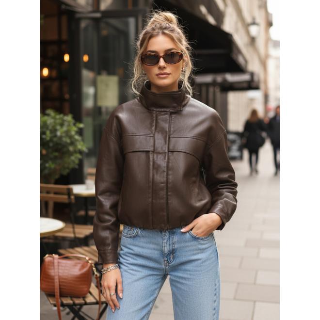 Kožená hnedá bunda s vysokým golierom TY5650