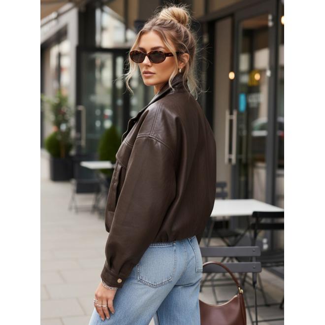 Kožená hnedá bunda s vysokým golierom TY5650