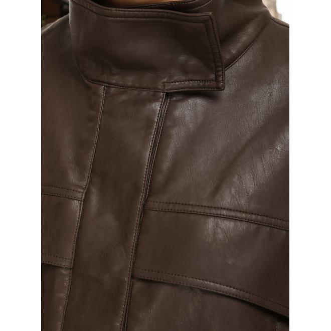 Kožená hnedá bunda s vysokým golierom TY5650