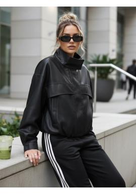 Čierna kožená bunda s vysokým golierom TY5651