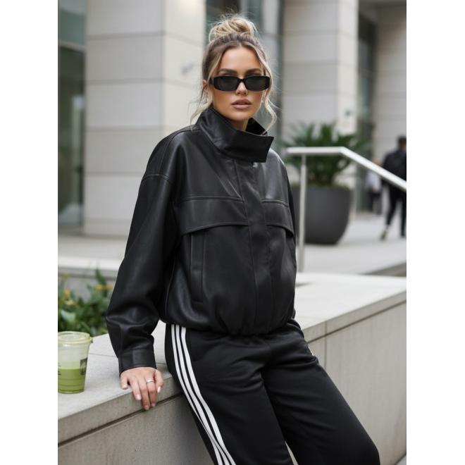 Čierna kožená bunda s vysokým golierom TY5651