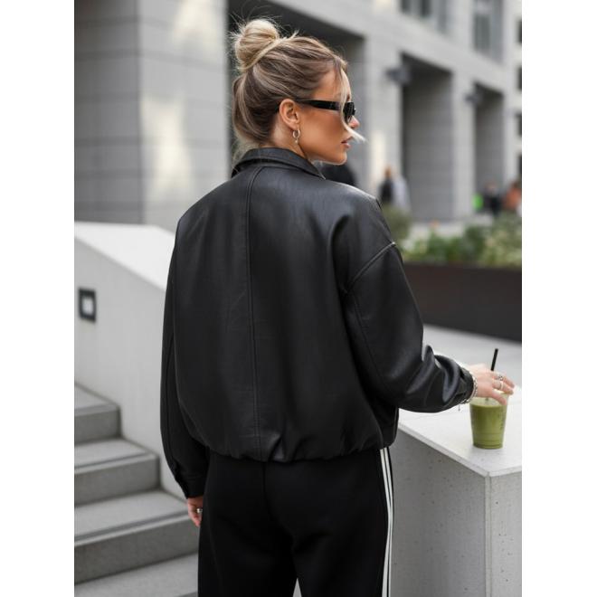 Čierna kožená bunda s vysokým golierom TY5651