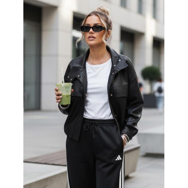 Čierna kožená bunda s vysokým golierom TY5651