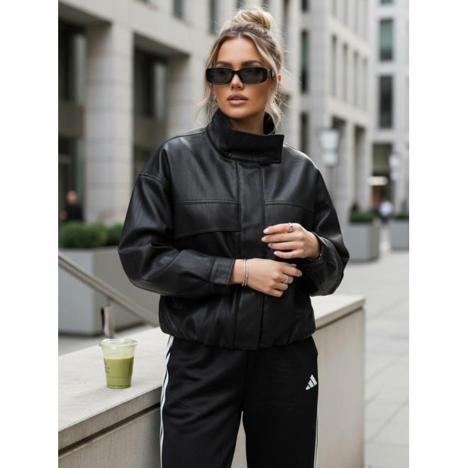 Čierna kožená bunda s vysokým golierom TY5651