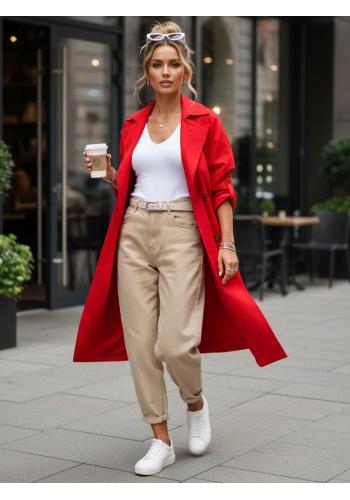 Dlhý červený dámsky trenčkot TY5675