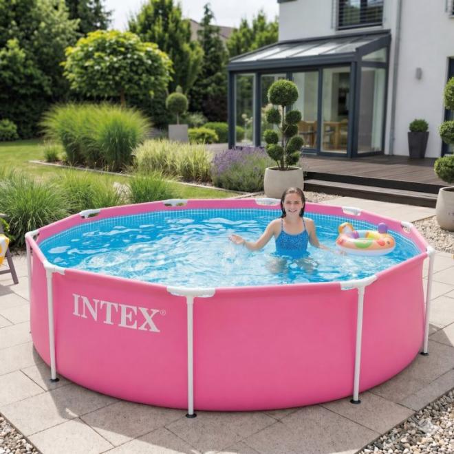 Ružový okrúhly záhradný bazén s rámom pre deti 244x76 cm
