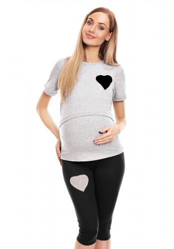Sivé tehotenské a dojčiace pyžamo s legínami a tričkom s kŕmnym panelom srdce