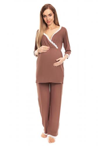 Cappuccinové tehotenské a dojčiace pyžamo s nohavicami a tričkom s dlhým rukávom s výstrihom