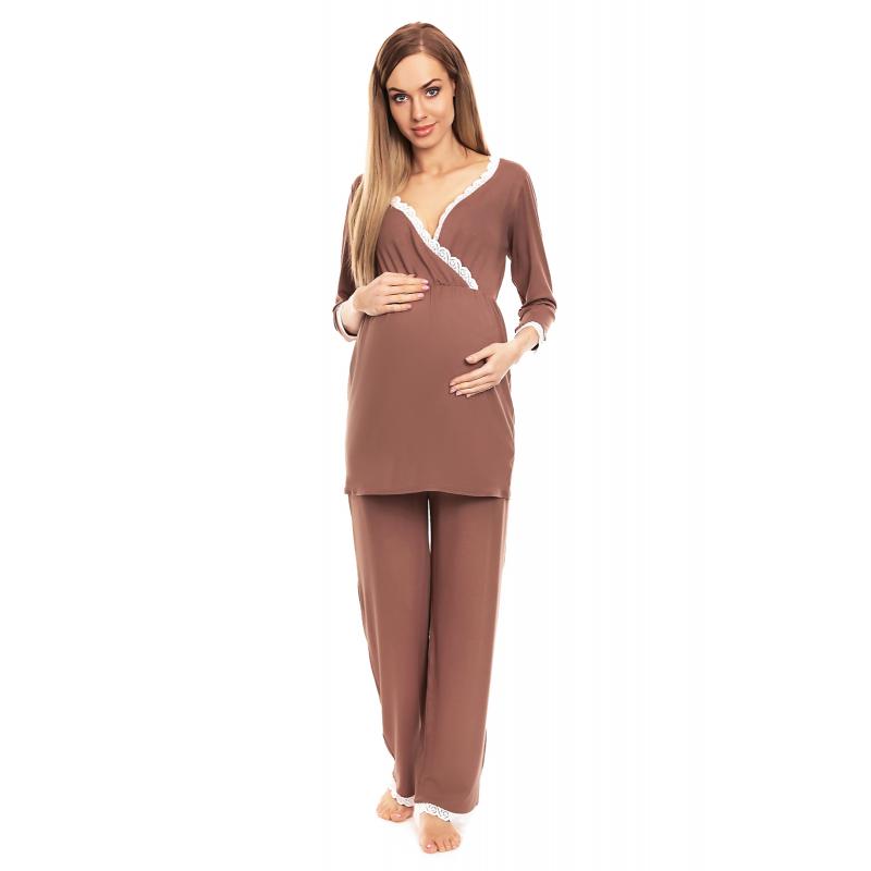 E-shop Cappuccinové tehotenské a dojčiace pyžamo s nohavicami a tričkom s dlhým rukávom s výstrihom