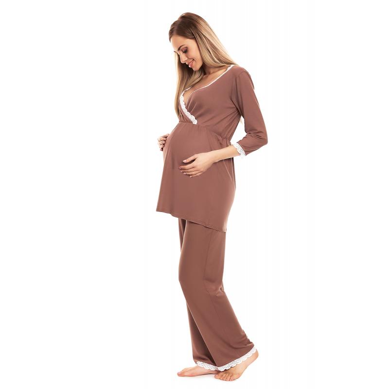 Tehotenské a dojčiace pyžamo s nohavicami a tričkom s dlhým rukávom v tmavosivej farbe s výstrihom