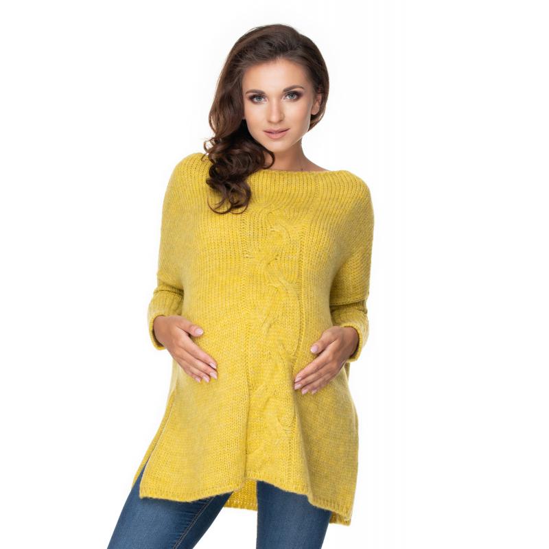 E-shop Dámsky oversize sveter s rázporkami po boku a vrkočom v horčicovej farbe