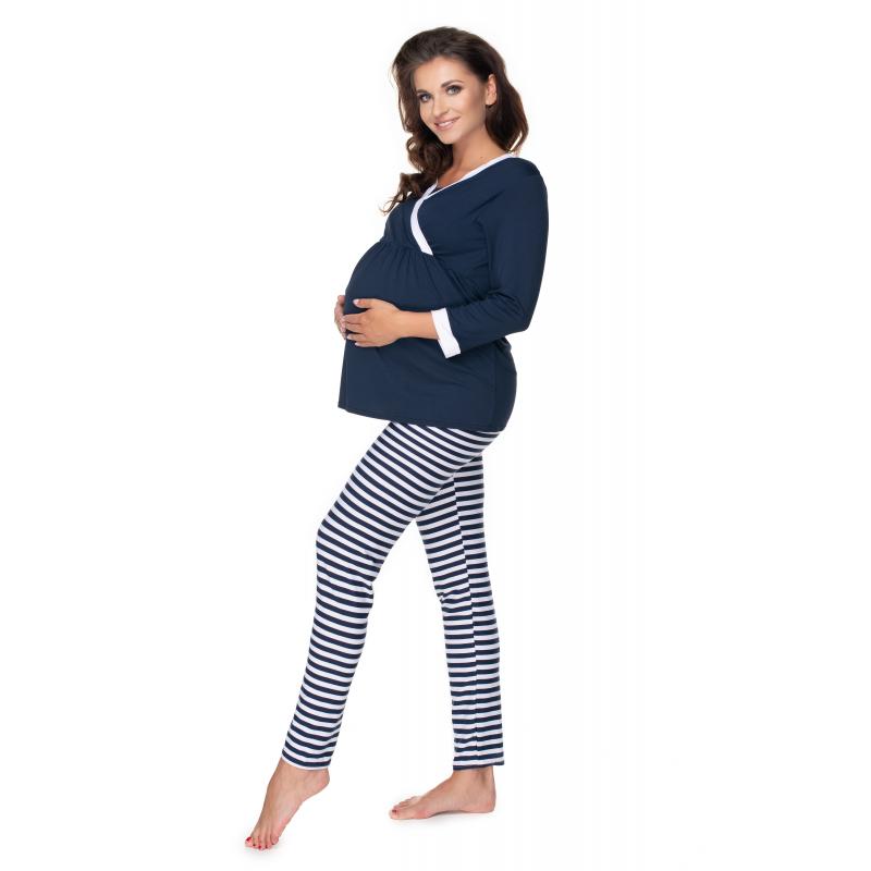 Tmavomodré/biele tehotenské a dojčiace pyžamo s nohavicami s brušným panelom a tričkom s dlhým rukávom s výstrihom