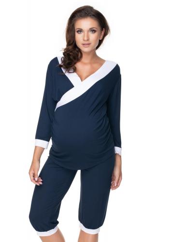 Tehotenské a dojčiace pyžamo s 3/4 nohavicami s brušným panelom a tričkom s 3/4 rukávom s výstrihom - tmavomodré/biele