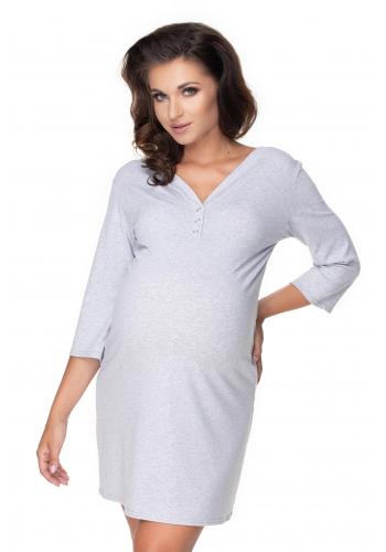 Tehotenská a dojčiaca nočná košeľa na kŕmenie s gombíky na hrudi a 3/4 rukávmi vo svetlo sivej farbe