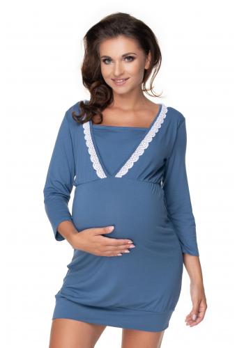 Modrá tehotenská a dojčiaca nočná košeľa na kŕmenie s 3/4 rukávmi a ozdobnou čipkou