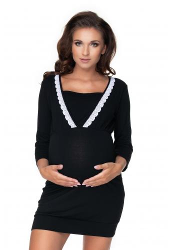 Čierna tehotenská a dojčiaca nočná košeľa na kŕmenie s 3/4 rukávmi a ozdobnou čipkou