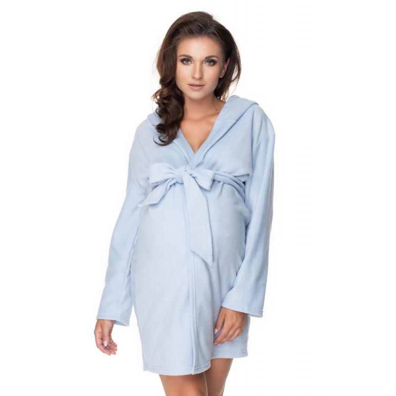 E-shop Župan pre tehotné mamičky v modrej farbe s kapucňou a viazaním
