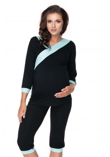 Tehotenské a dojčiace pyžamo s 3/4 nohavicami s brušným panelom a tričkom s 3/4 rukávom s výstrihom - čierne/svetlomodré