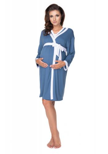 Tehotenský set nočnej košele a župana v modrej farbe s bielym lemom