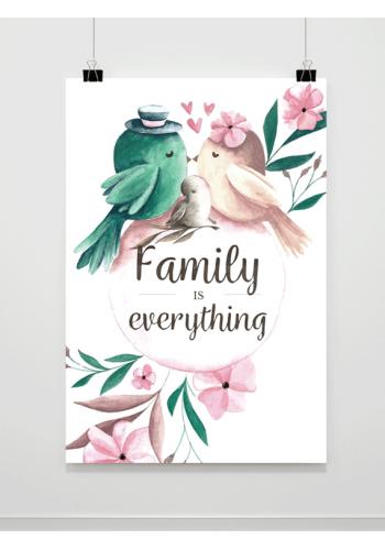 Farebný dekoračný plagát s motívom vtáčej rodiny - Family is everithing