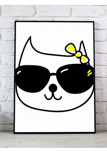 Bieločierny detský plagát na stenu - mačka s okuliarmi
