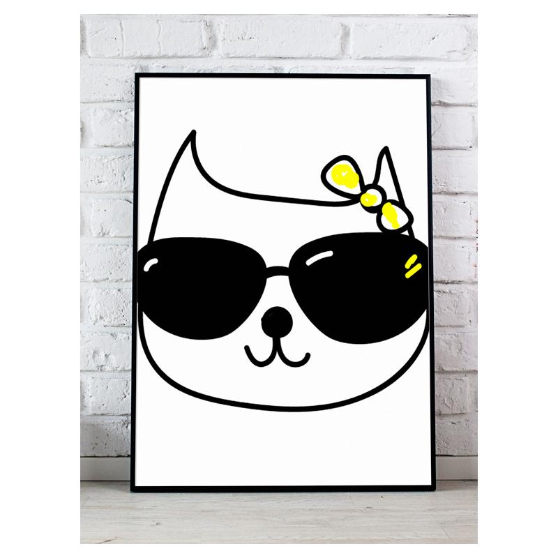 E-shop Bieločierny detský plagát na stenu - mačka s okuliarmi