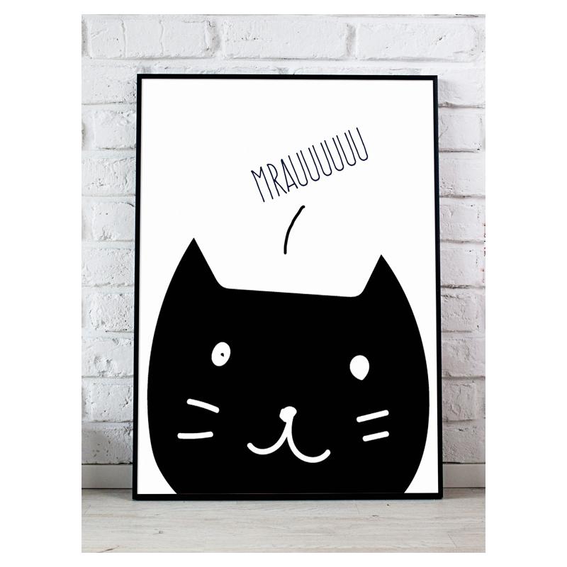 E-shop Biely dekoračný plagát s čiernou mačkou