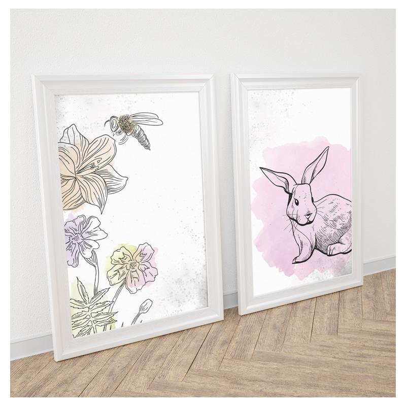 Detská sada plagátov s motívom kvetov a králika