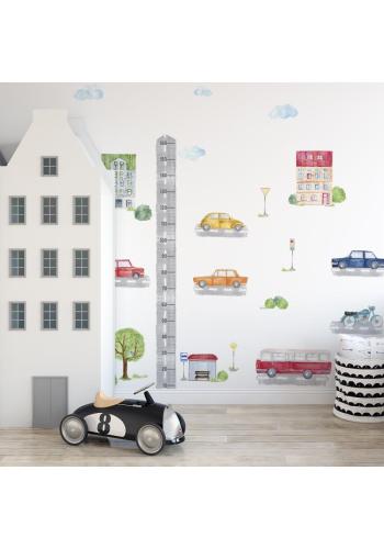 Farebná sada nálepiek s mestským motívom áut, stromov a bytoviek