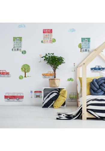 Farebná sada nálepiek s mestským motívom áut, stromov a bytoviek