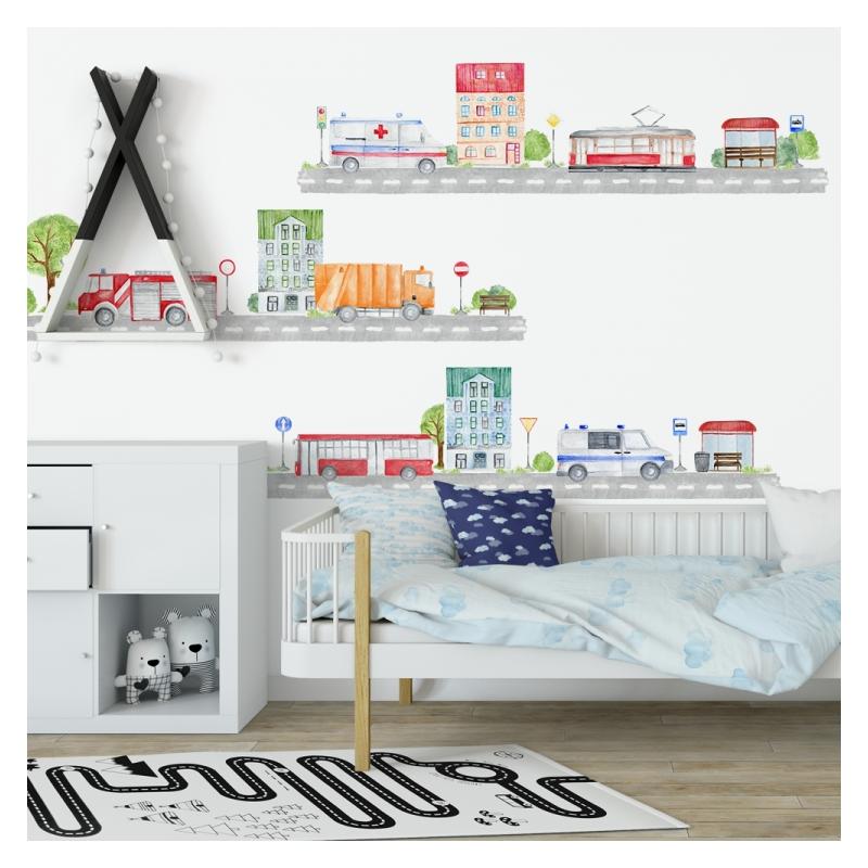 Sada farebných nálepiek s mestským motívom áut a bytoviek