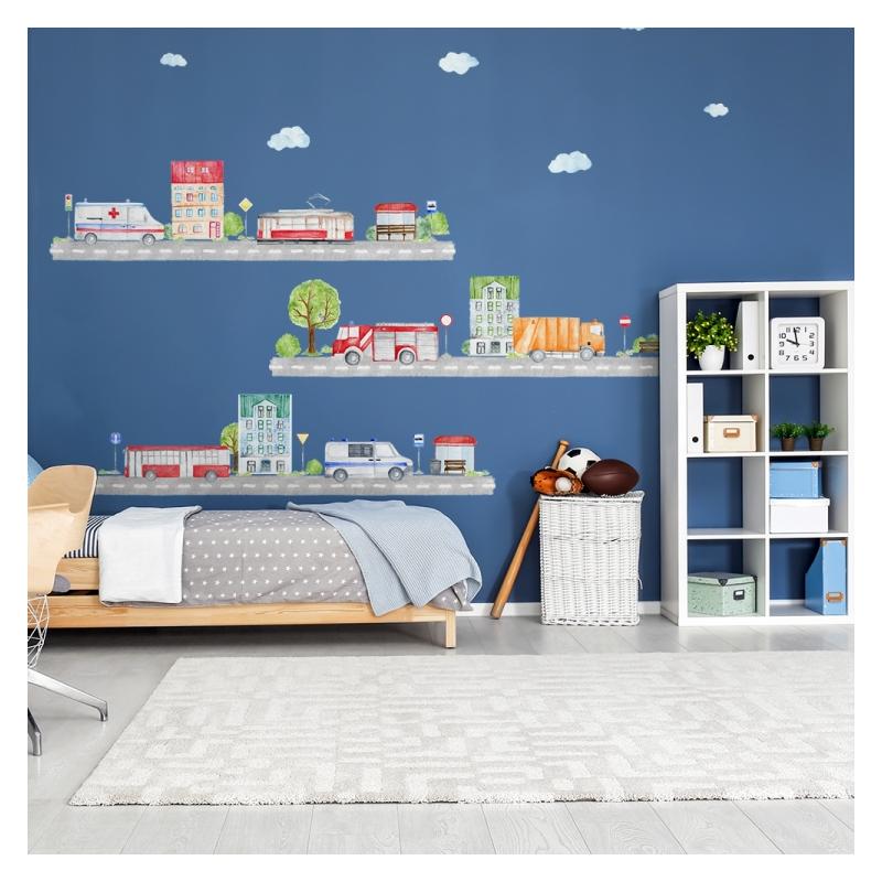 Sada farebných nálepiek s mestským motívom áut a bytoviek