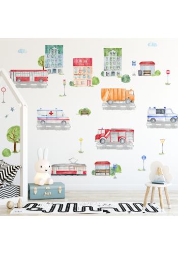 Sada farebných nálepiek s mestským motívom áut a bytoviek