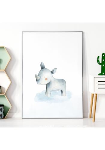 Biely plagát na stenu s motívom nosorožca pre deti