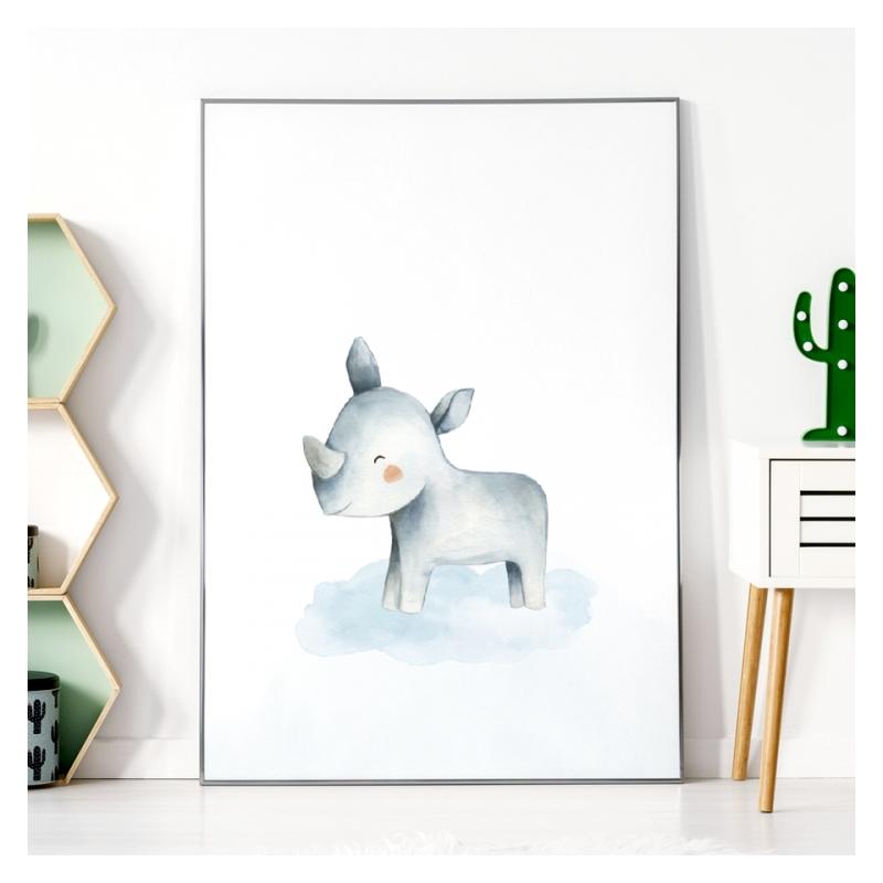 Biely plagát na stenu s motívom nosorožca pre deti