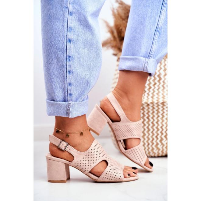 Béžové azúrové dámske sandále na stabilnom podpätku