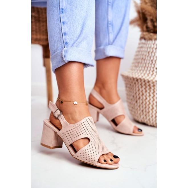 Béžové azúrové dámske sandále na stabilnom podpätku