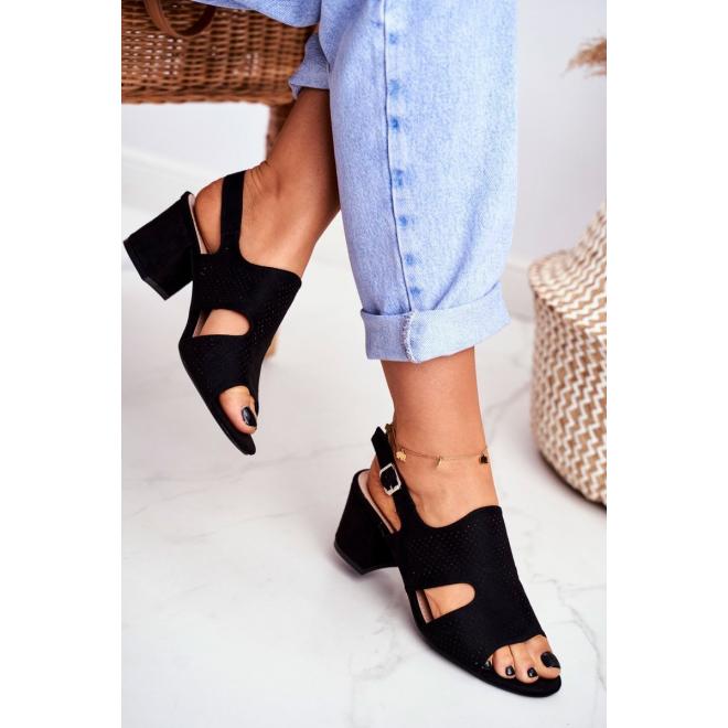 Módne azúrové čierne sandále na stabilnom podpätku pre dámy