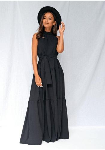 Štýlové maxi šaty s viazaním kolo krku v čiernej farbe